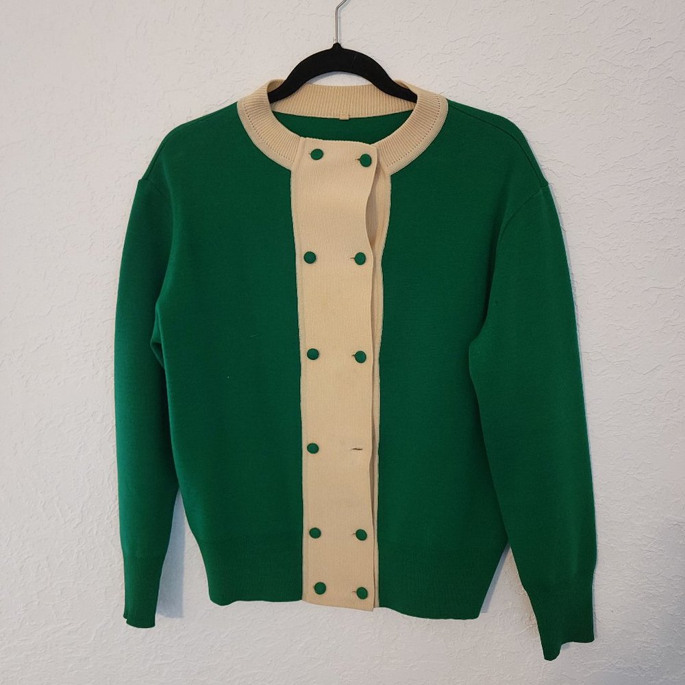 Vintage Green and Cream colored wool sweater. Made in Europe. Size Medium (M)